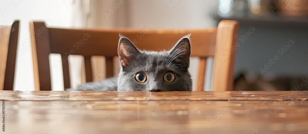 Poster Adorable gray cat peeking out from behind chair and looking at camera while sitting at table in light living room. with copy space image. Place for adding text or design
