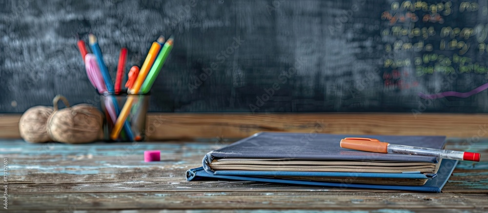 Poster A book rests on a classic wooden table with copy space image for writing or reading in a classroom, serving as a tool for educational purposes to record knowledge and notes.