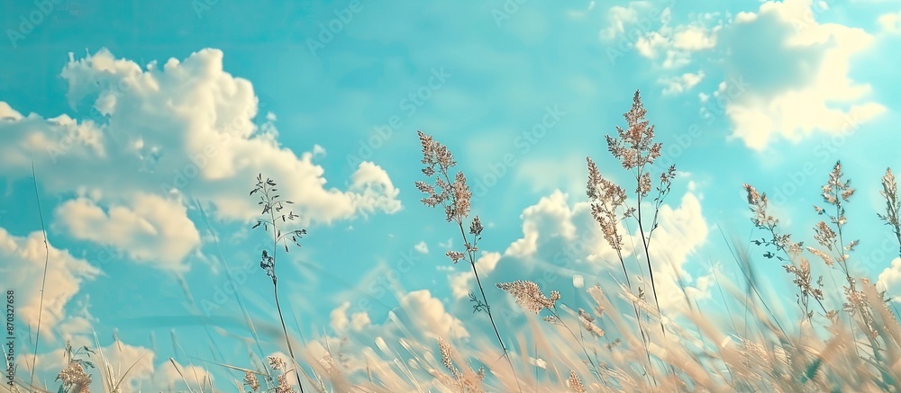 Poster Soft-focused summer sky in nature setting featuring lovely blue hues and cloudy backdrop suitable for text or images. with copy space image. Place for adding text or design