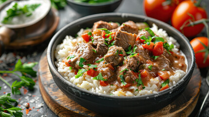 A bowl of Creamy Veal Ragout with rice, garnished with parsley and red peppers, photographed on a rustic wooden table