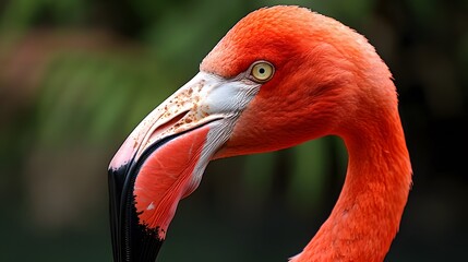 A close-up of a flamingo bird's head and neck, showcasing its distinctive curved beak and striking coloration