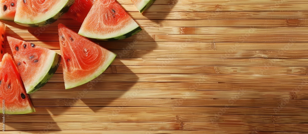 Leinwandbilder top view of fresh watermelon slices displayed on a bamboo board with ample copy space image availabl