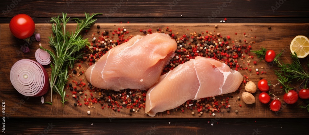 Poster fresh raw chicken fillet with herbs and spices on a cutting board creating a food background, displa