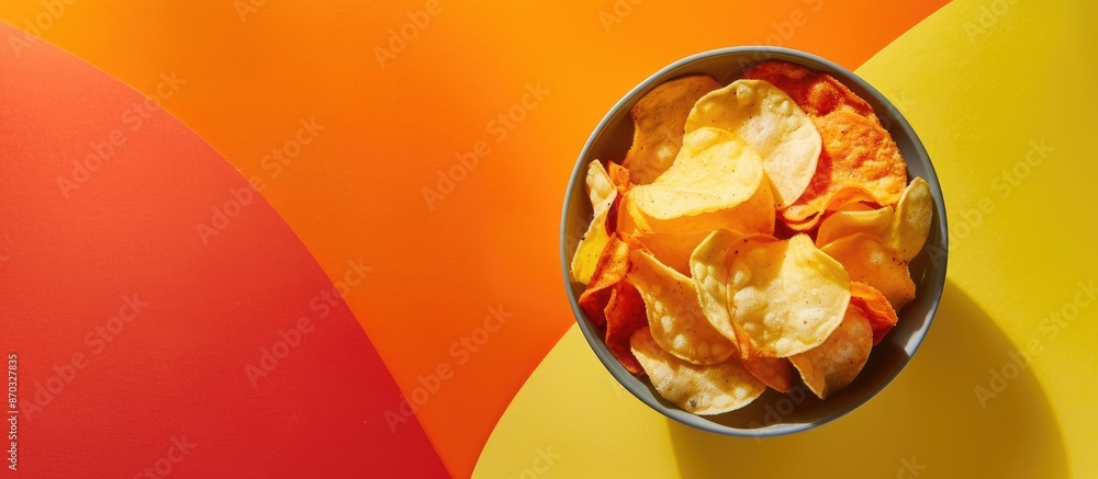 Poster a bowl of tasty potato chips displayed on a vibrant yellow and orange backdrop with copy space image