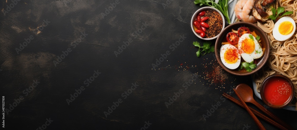 Aufkleber Chicken ramen noodle soup from Asia displayed on a dark concrete surface from above. There is room for adding text in the image. with copy space image. Place for adding text or design