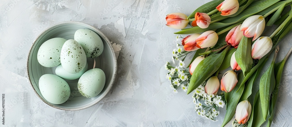 Poster Easter-themed flat lay with a chic egg and tulip arrangement on a rustic white surface, featuring a copy space image. Includes a natural green egg and spring flower setup for a greeting card.