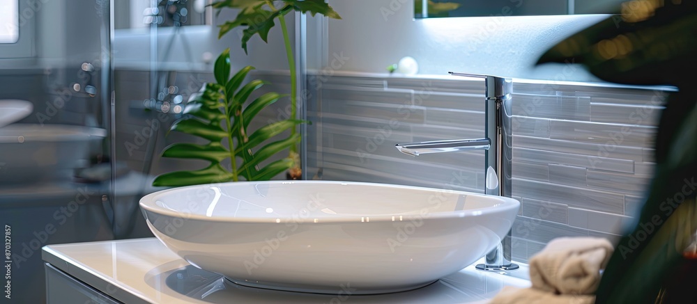 Poster A vertical shot of a modern white sink with a drawer in a bathroom. with copy space image. Place for adding text or design