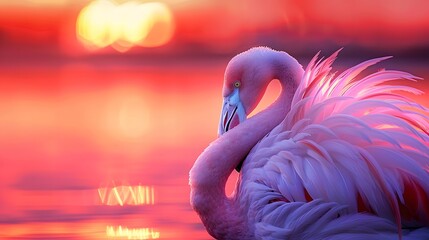 Naklejka premium A flamingo bird preening its feathers, captured against a backdrop of a vibrant sunset over water