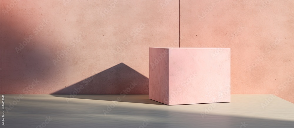 Poster sunlight illuminates a concrete cube podium with shadow on a pink background, creating a minimalisti