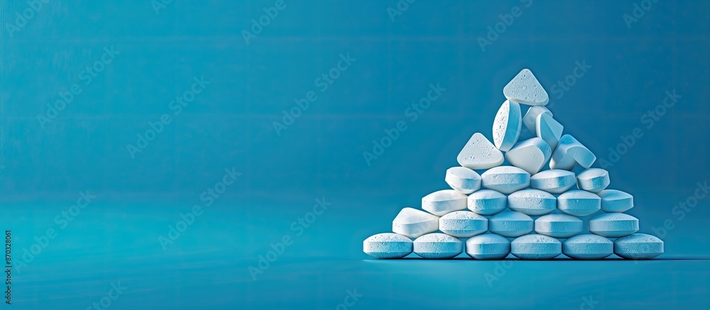 Poster a neat triangular arrangement of multiple white tablets on a vivid blue backdrop, suitable for medic