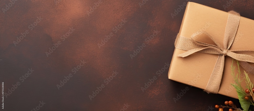 Poster top view flat lay of a gift craft package against a brown craft background provides ample copy space