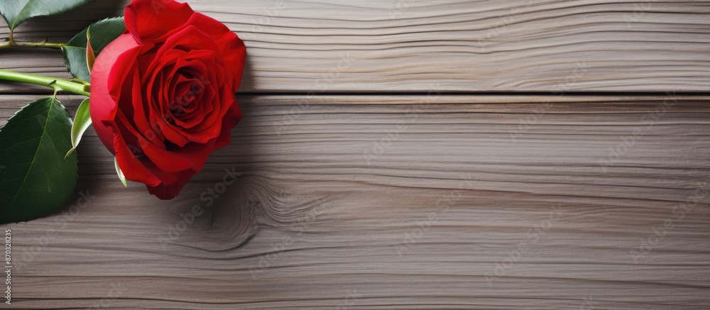 Aufkleber Red rose displayed on a white wooden surface with copy space image.