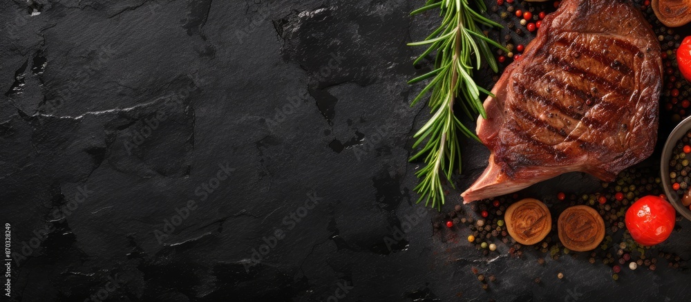 Leinwandbilder Top-down view of a T-bone steak grilled and displayed on a stone table with empty space for text or elements in the image. with copy space image. Place for adding text or design