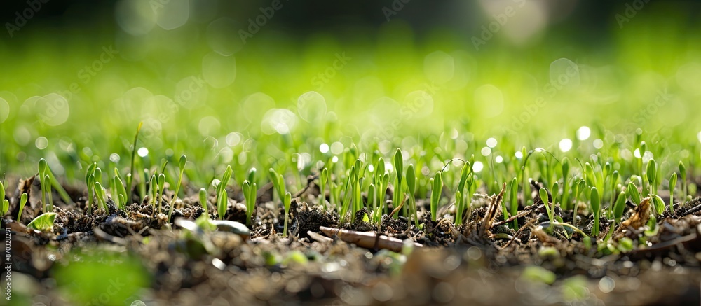 Poster Close-up image of a reseeded lawn with new grass sprouting, featuring a blend of seeds and pebbles, suitable for copy space image