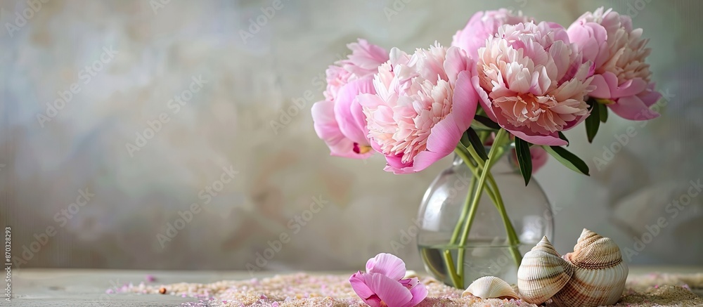 Poster Pink Peonies in vase and shell decorations. with copy space image. Place for adding text or design