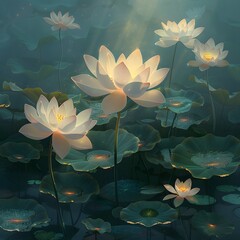 Merdekas Purity in Shadows, During Merdeka celebrations, the purity of lotus flowers is tainted by the shadows of the past. 2D Illustrate, nature light
