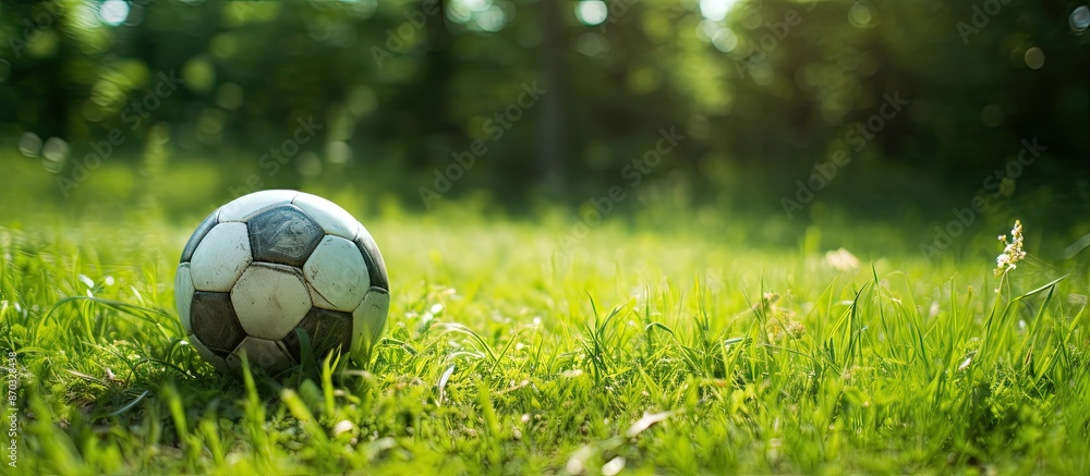 Poster a weathered soccer ball rests atop lush green grass with ample copy space image.