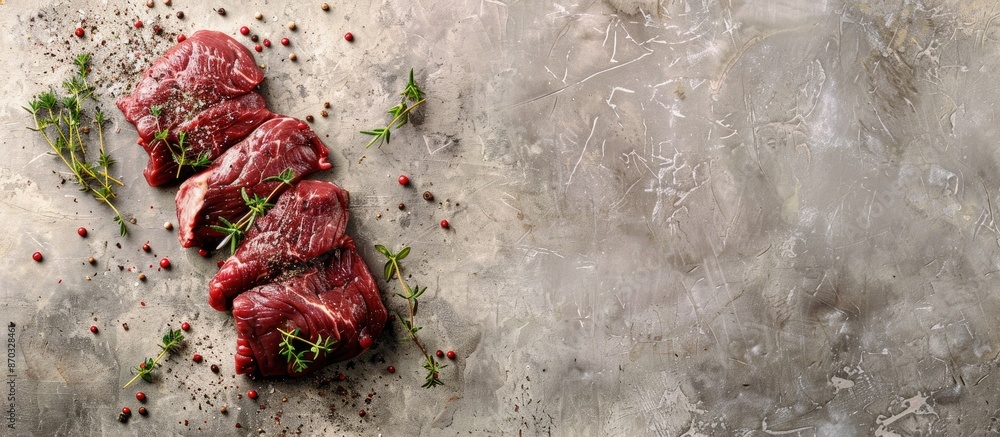 Poster Raw beef with thyme  ready for cooking pastel background. with copy space image. Place for adding text or design
