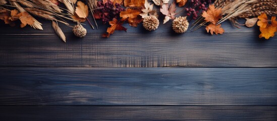 A fall-themed arrangement of dried flowers and leaves on a wooden surface, captured from above with space for text or images. with copy space image. Place for adding text or design