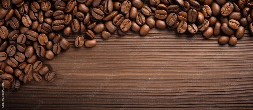 Aufkleber Coffee beans arranged in a frame on a wooden surface, suitable for Coffee Day messaging with copy space image. Shot from above with a focus on the beans.