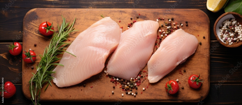 Leinwandbilder fresh raw chicken fillet with herbs and spices on a cutting board creating a food background, displa