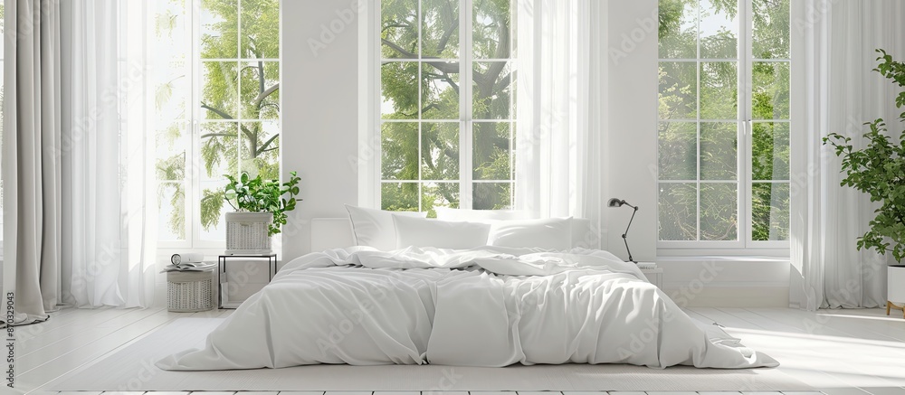 Poster white master bedroom with windows . with copy space image. place for adding text or design
