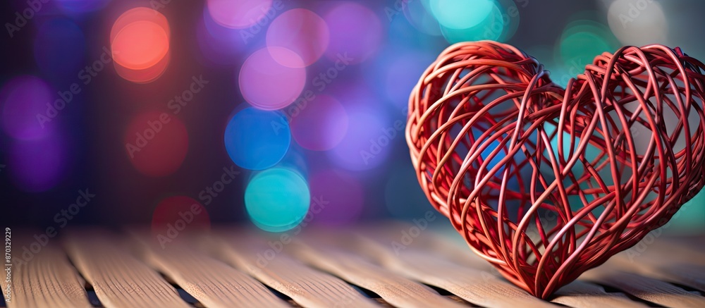 Aufkleber Heart-shaped wooden wicker object representing love on a colorful foil background with selective focus and room for text or image insertion. with copy space image. Place for adding text or design