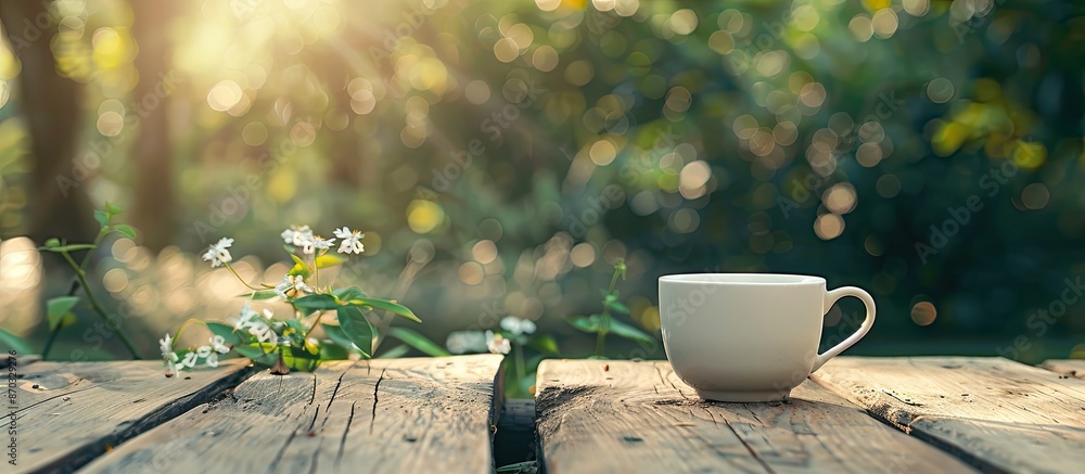 Fototapete an inviting scene in a garden: a white coffee cup on a wooden table against a natural backdrop; perf