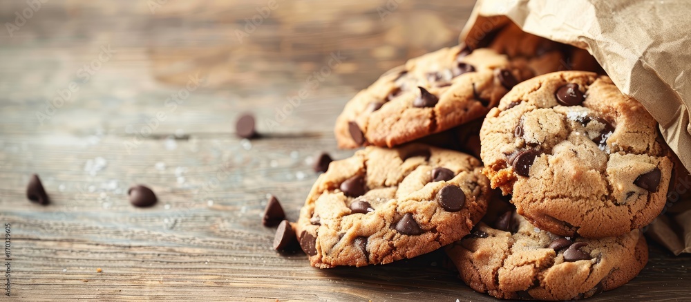 Aufkleber A bag of chocolate chip cookies with a visible bite mark placed on a wooden table, in a setting suitable for a copy space image.