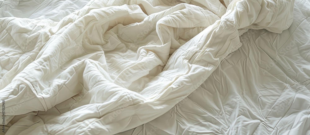 Poster The used white blanket is placed on the bed. with copy space image. Place for adding text or design