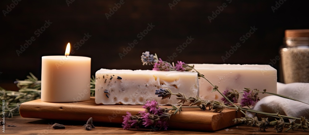 Poster low light ambiance highlights handmade vegan soap in image with blank copy space for added appeal.