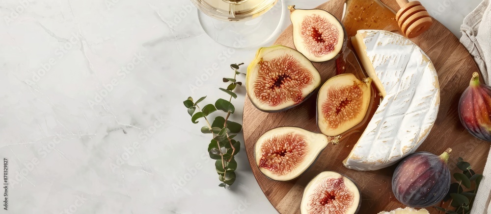 Aufkleber top view of camembert or brie cheese paired with fresh figs, honeycomb, and a glass of wine on a ser