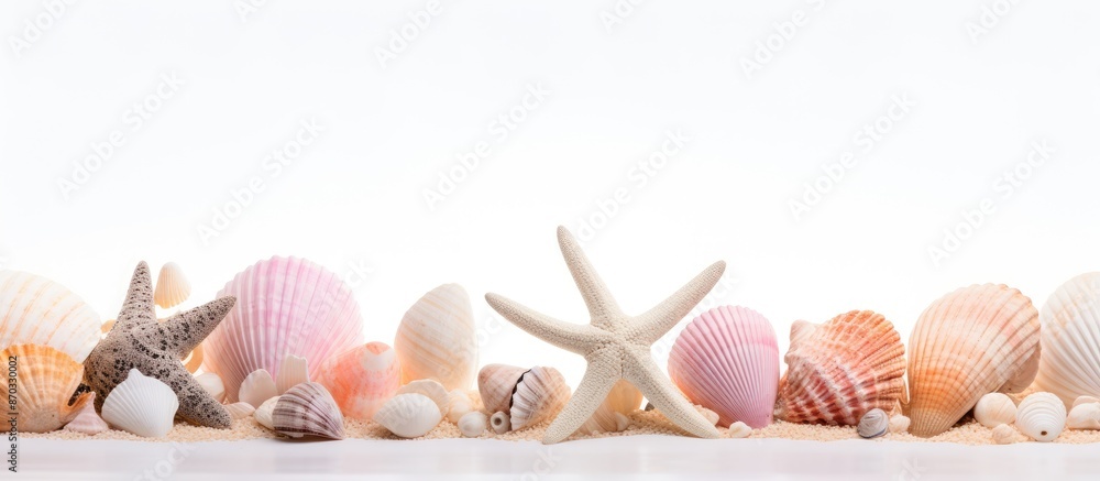 Poster seashells on a white background with copy space image.