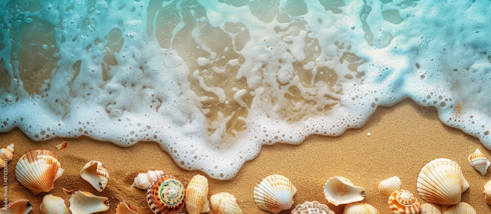 Poster summer beach scene with seashells and sand as a background, suitable for a flat lay copy space image