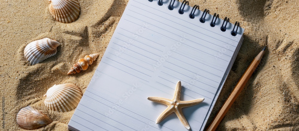 Poster Beach-themed notepad with a pencil, starfish, and shellfish on sandy seashore used as a background for photos with space for text or images. with copy space image. Place for adding text or design