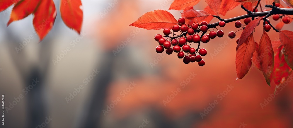 Poster Red autumn leaves on black-fruited mountain ash branches against a blurred natural backdrop with copy space image.