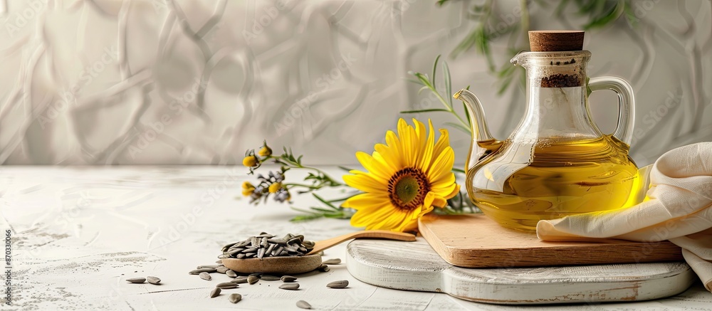 Aufkleber items like a jug of oil, sunflower seeds, a napkin, and a board are placed on a light background for