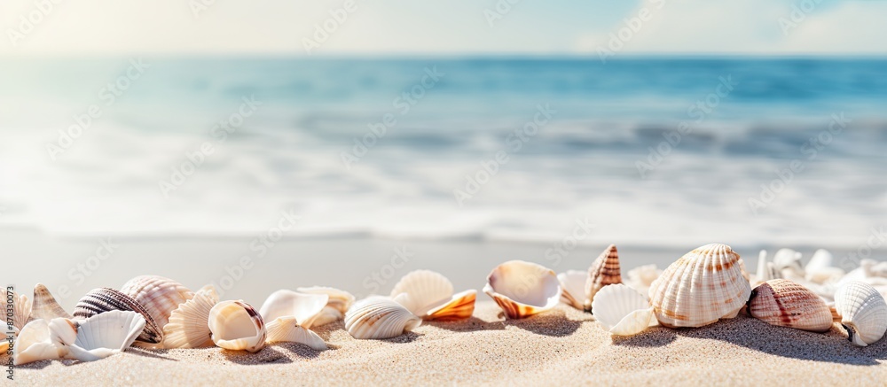 Aufkleber Various shells scattered on the beach sand with a view of the ocean in the background, creating an exquisite composition for a copy space image.