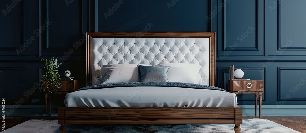 Poster modern bed with tufted headboard near navy wall. with copy space image. place for adding text or des