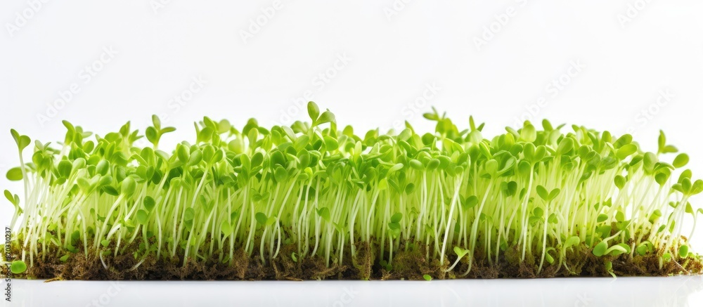 Poster close-up of micro-green sprouts on a white backdrop with ample copy space image, promoting a healthy