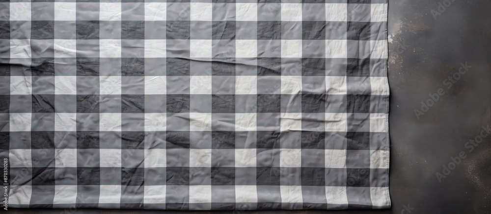 Leinwandbilder Checkered kitchen tablecloth showcased from above on a concrete backdrop, perfect for adding text or graphics with the copy space image.