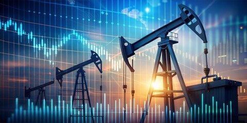 Creative oil pumping background with falling forex chart hologram. Financial crisis, market and trade concept. Double exposure