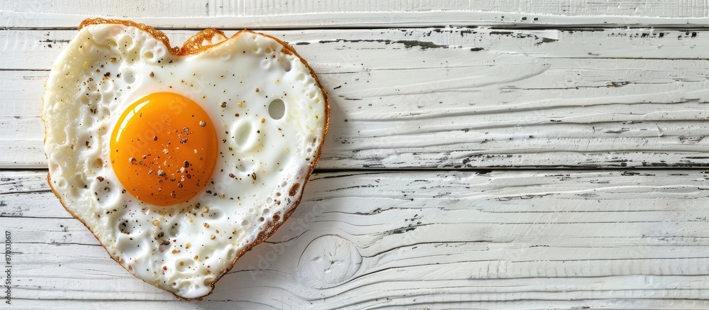 Aufkleber delicious breakfast featuring heart-shaped fried egg on a white wooden table in a flat lay arrangeme