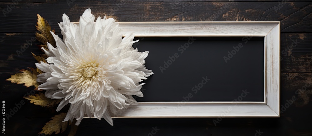 Poster a white wooden frame with a dried flower against a black textured backdrop creates an elegant copy s