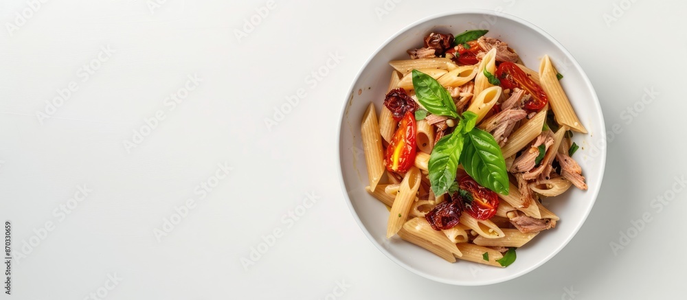 Poster bowl of whole wheat pasta with dried tomatoes and tuna. top view on white background with copy space