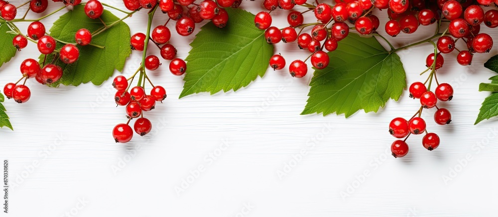 Aufkleber botanical festive flat lay top view with red holly berries and green branches on a white background 