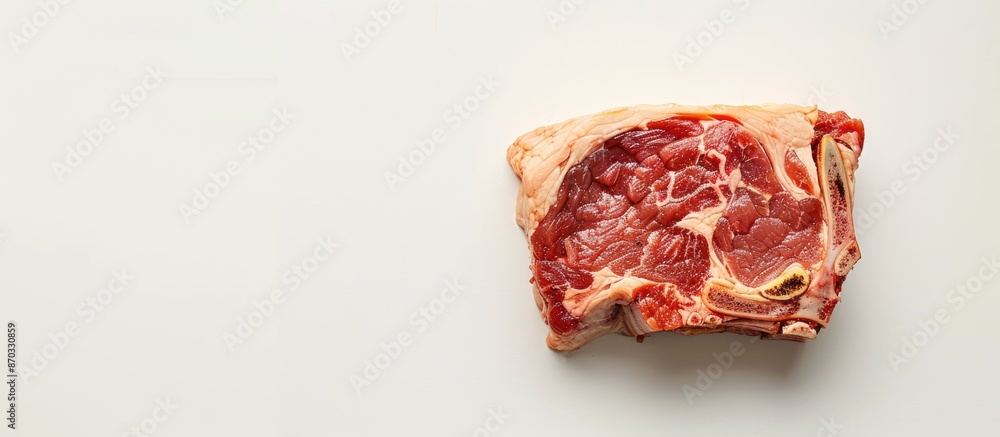 Poster a piece of raw meat with bone on a plain white background provides ample copy space for text or grap