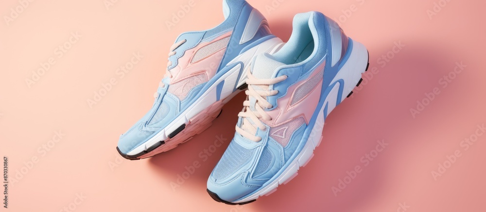 Poster A pair of new sneakers set on a soft pink and blue pastel background with ample space alongside for additional imagery. Shot from above, showing a stylish perspective of the running shoes.