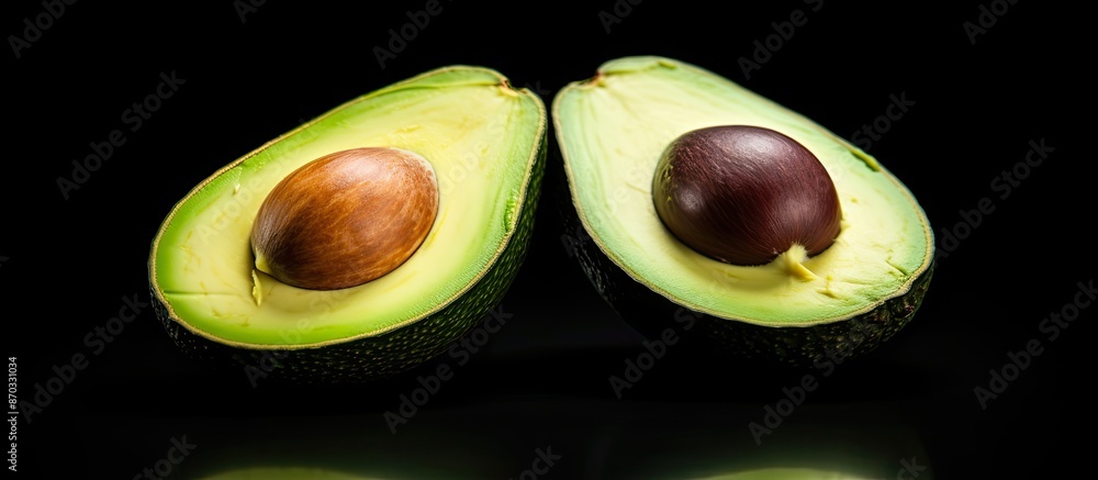 Poster fresh ripe avocado fruit sliced in half with a white background and space for text or images. with c