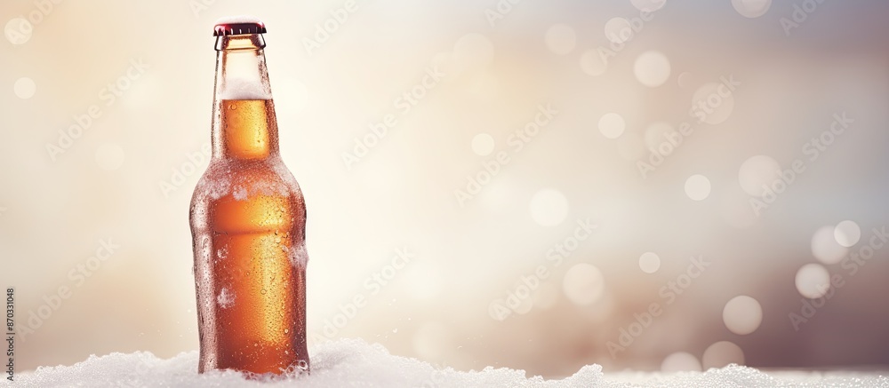 Aufkleber Close-up of a cold beer bottle on snowy background with copy space image.
